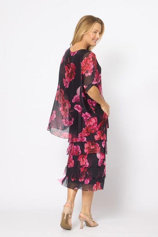 La Strada Womens Multi Layers Dress - Navy/Pink Floral