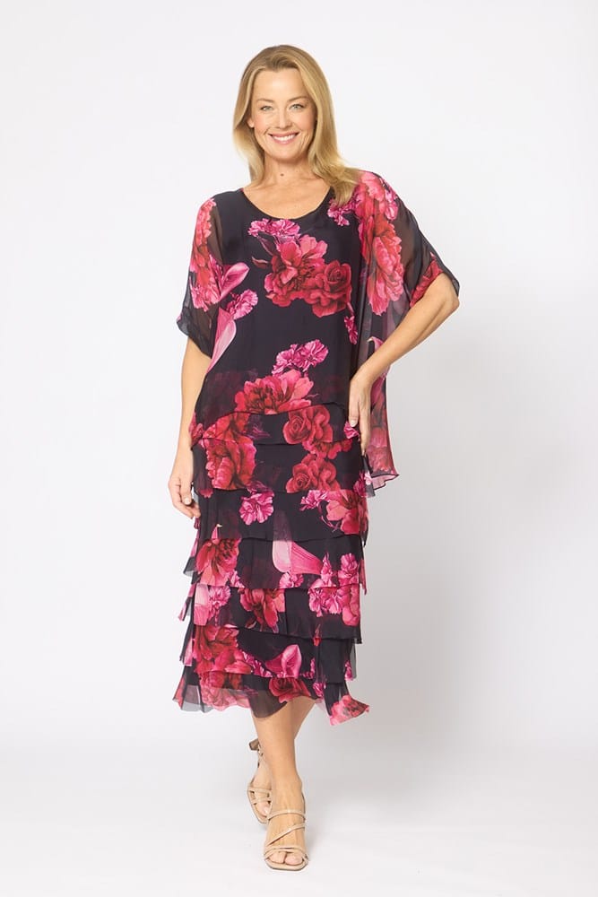Load image into Gallery viewer, La Strada Womens Multi Layers Dress - Navy/Pink Floral
