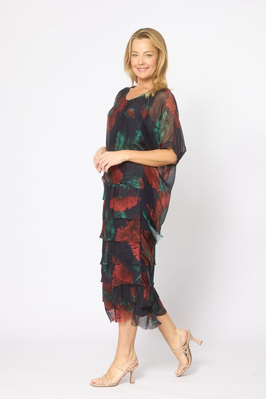 La Strada Womens Multi Layers Dress - Navy/Green Floral