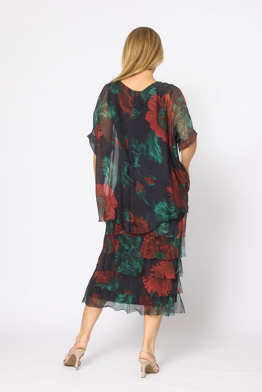 La Strada Womens Multi Layers Dress - Navy/Green Floral