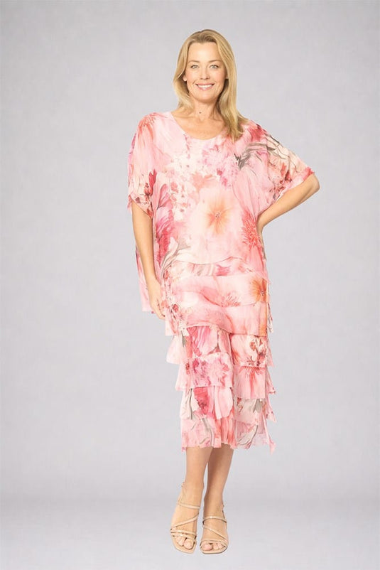 La Strada Womens Layers Dress - Multi Pink Floral