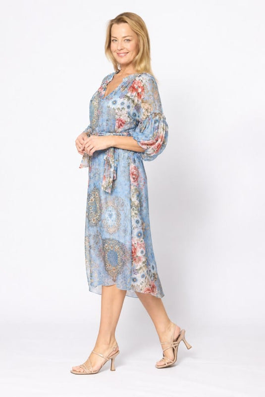 La Strada Multi Frill Dress - Celeste/Pink Floral