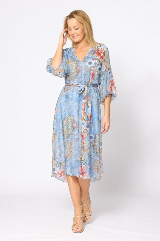 La Strada Multi Frill Dress - Celeste/Pink Floral