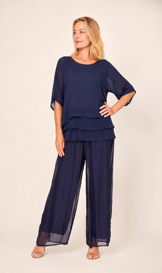 La Strada Womens Silk Blended Three Layers Raw Egde Top - Navy