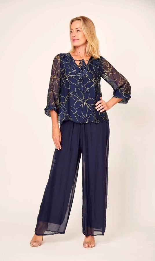 La Strada Womens Silk Blended Pants - Navy