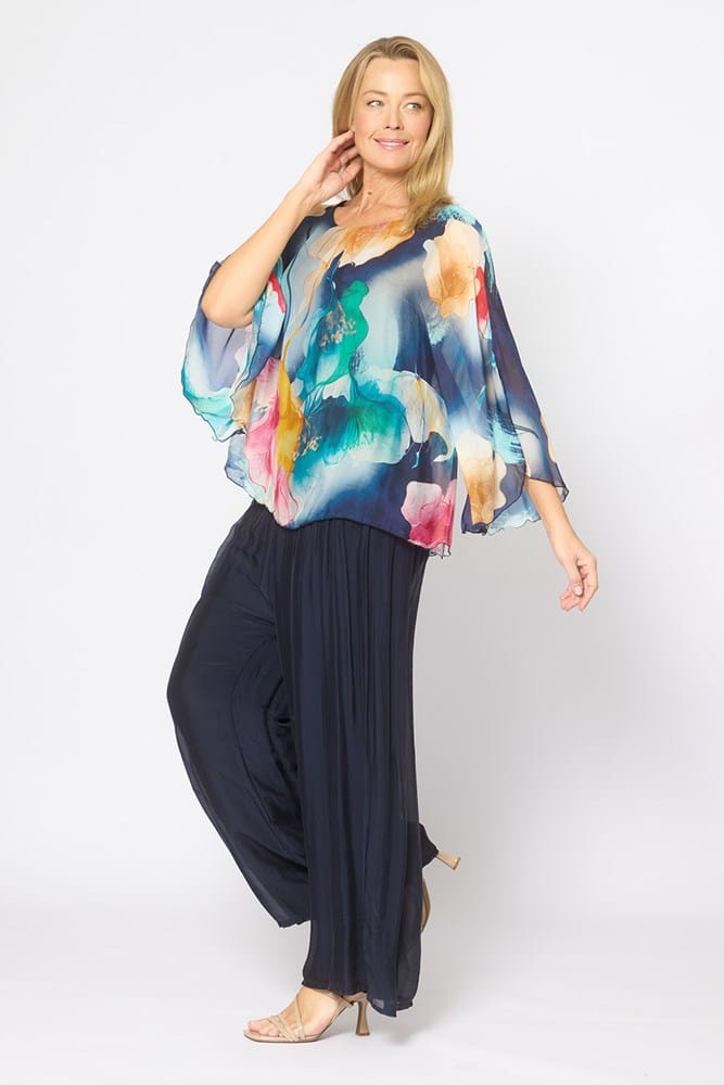 Load image into Gallery viewer, La Strada Womens Flounce Sleeve Top - Navy Floral
