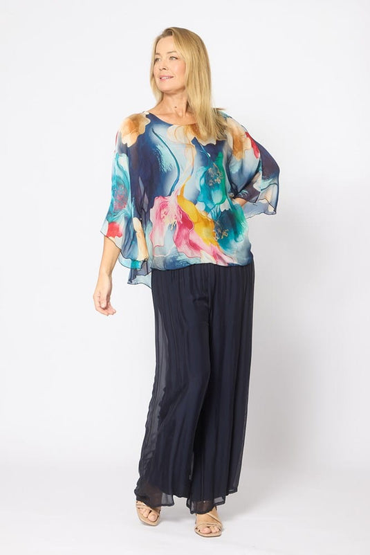 La Strada Womens Flounce Sleeve Top - Navy Floral