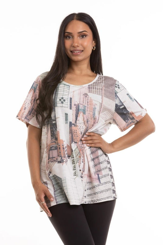 Kleio Womens City Scape Print Blouse with Diamontes