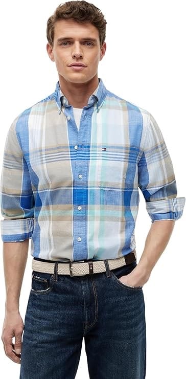 Tommy Hilfiger Mens Madras Slub Long Sleeve Shirt - Blue Orbit/Check