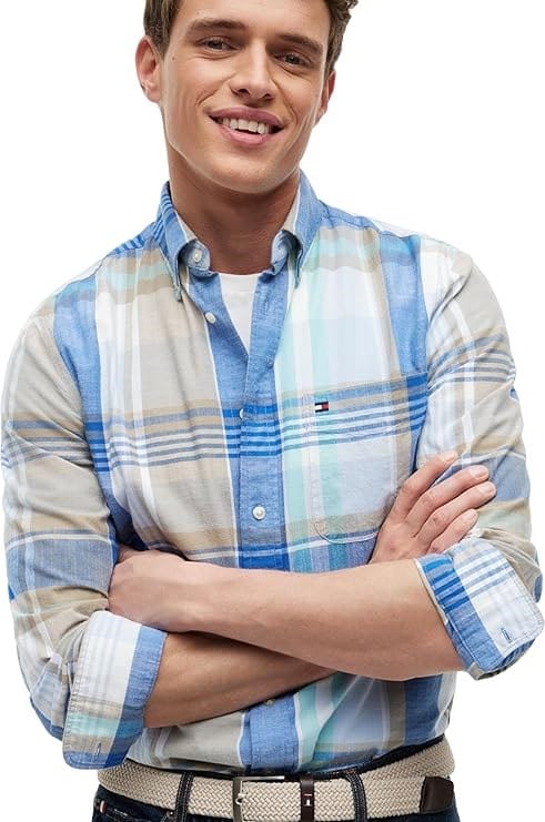 Load image into Gallery viewer, Tommy Hilfiger Mens Madras Slub Long Sleeve Shirt - Blue Orbit/Check
