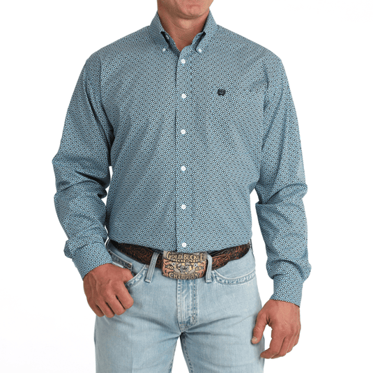 Cinch Mens Blue Cross Geo Print Long Sleeve Button Down Shirt