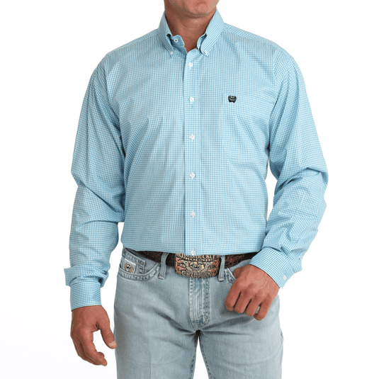Cinch Mens Classic Fit Blue Plaid Long Sleeve Button Down Shirt
