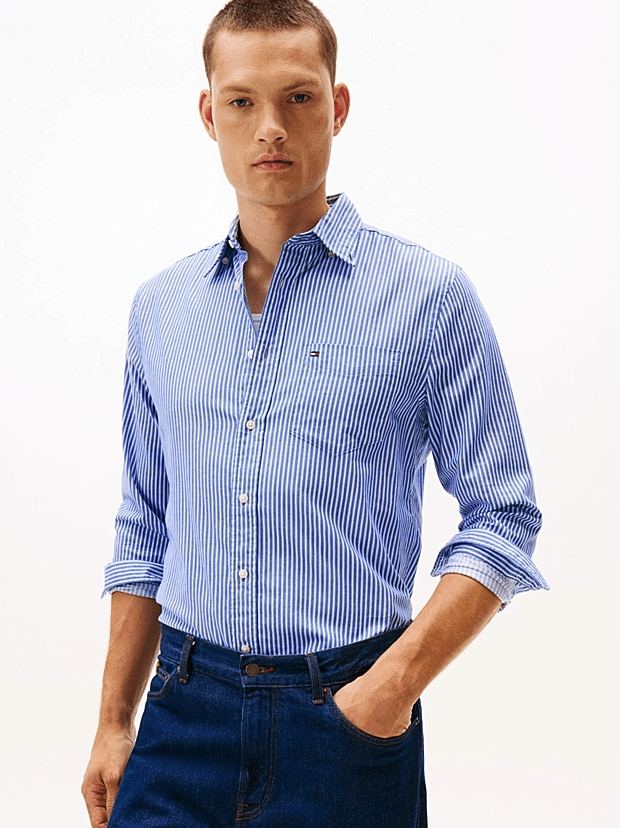 Load image into Gallery viewer, Tommy Hilfiger Mens Regular Fit Stripe Twill Shirt - Wedge Blue/Stripe
