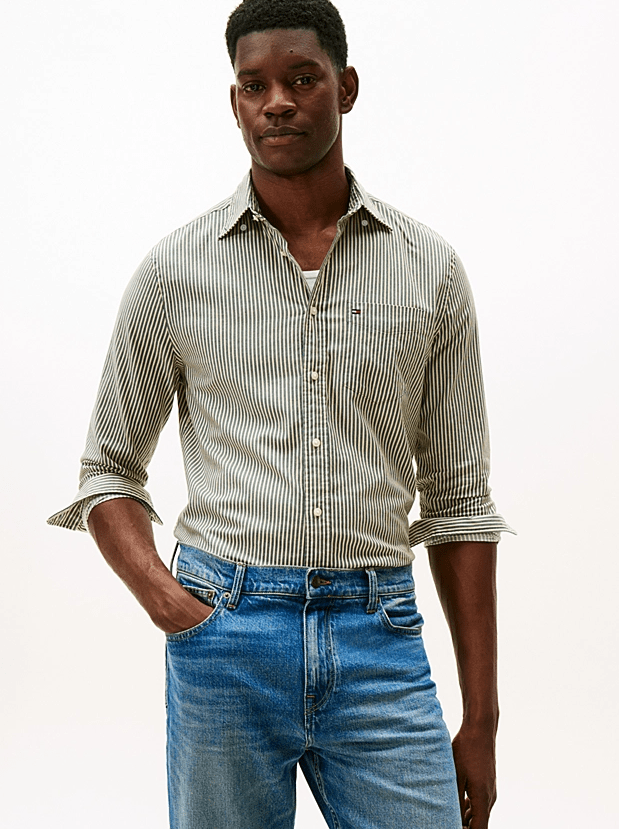 Load image into Gallery viewer, Tommy Hilfiger Mens Regular Fit Stripe Twill Shirt - Ornamental Green/Stripe