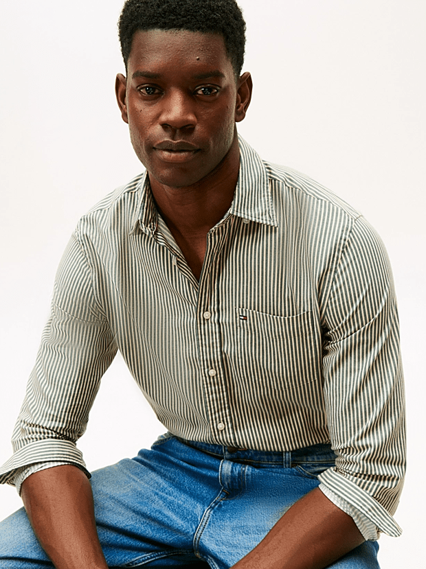 Load image into Gallery viewer, Tommy Hilfiger Mens Regular Fit Stripe Twill Shirt - Ornamental Green/Stripe