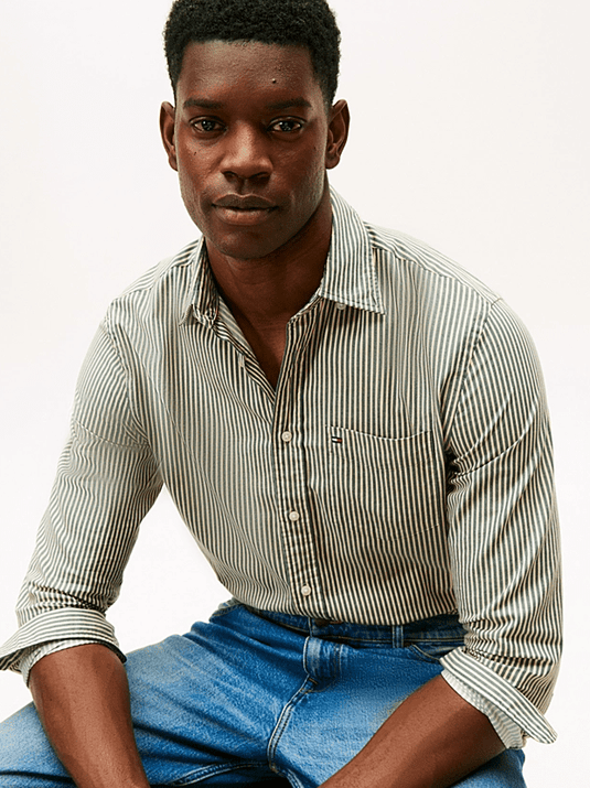 Tommy Hilfiger Mens Regular Fit Stripe Twill Shirt - Ornamental Green/Stripe