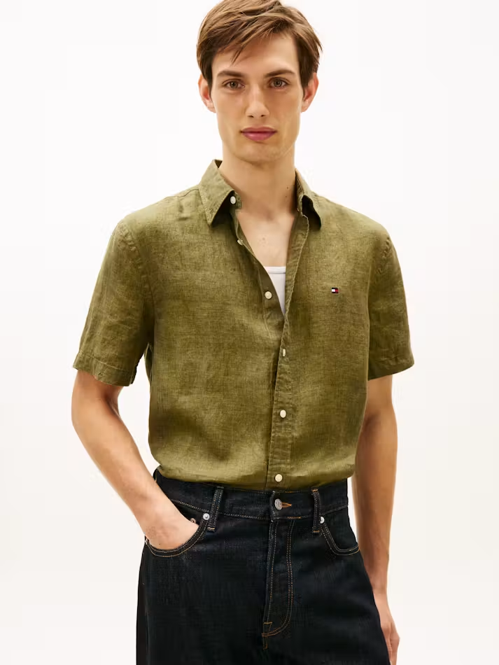 Load image into Gallery viewer, Tommy Hilfiger Mens Pigment Dyed Linen Shirt - Alaskan Green
