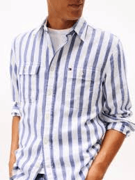 Load image into Gallery viewer, Tommy Hilfiger Mens Brushed Linen CheckTwill Stipe Shirt - Bold Blue
