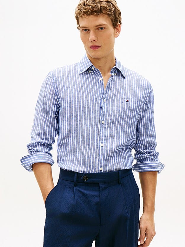 Load image into Gallery viewer, Tommy Hilfiger Linen Bengal Wedge Blue Stripe Shirt
