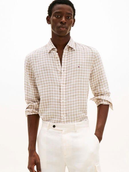 Tommy Hilfiger Mens Linen Essential Gingham Shirt - Sandalwood