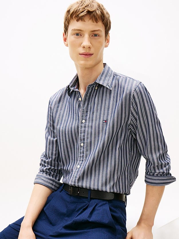 Load image into Gallery viewer, Tommy Hilfiger Mens Flex Poplin Texture Stripe Shirt - Carbon Navy
