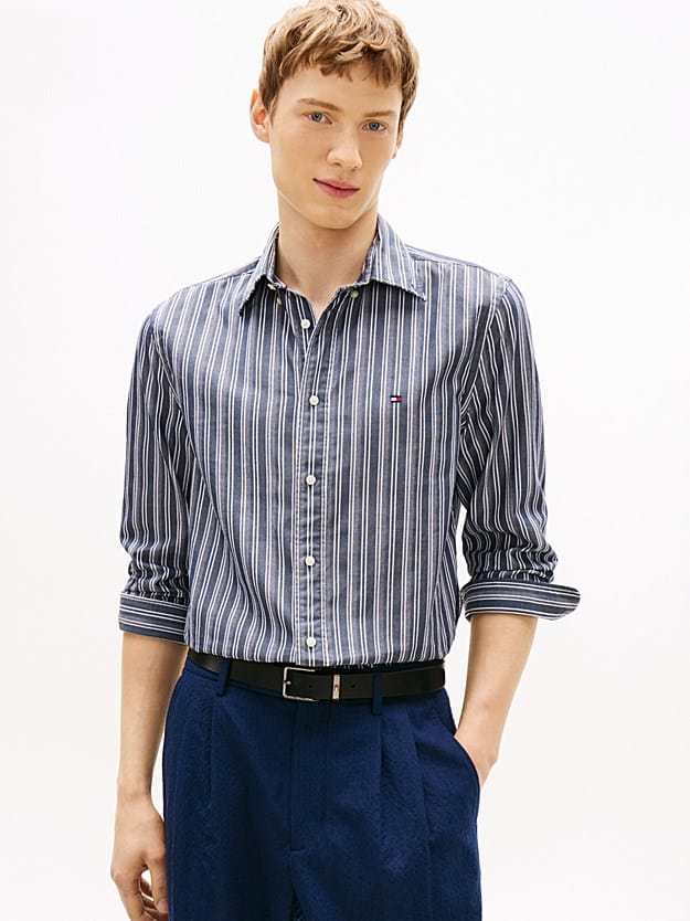 Load image into Gallery viewer, Tommy Hilfiger Mens Flex Poplin Texture Stripe Shirt - Carbon Navy
