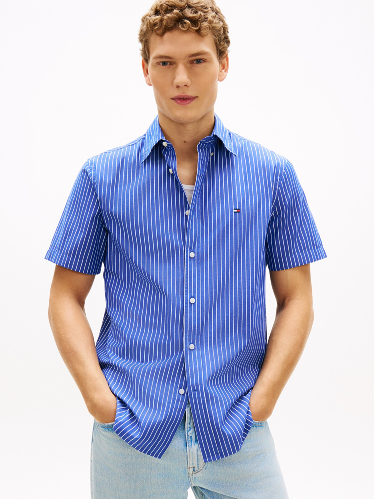 Load image into Gallery viewer, Tommy Hilfiger Mens Flex Poplin Stipe Short Sleeve Shirt
