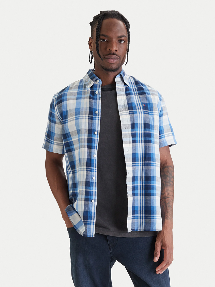 Load image into Gallery viewer, Tommy Hilfiger Mens Linen Plaid Short Sleeve Shirt - Preppy Navy Check
