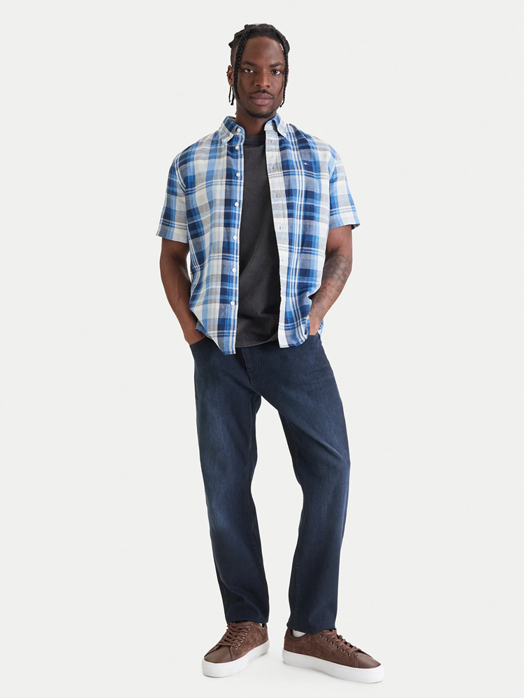 Load image into Gallery viewer, Tommy Hilfiger Mens Linen Plaid Short Sleeve Shirt - Preppy Navy Check
