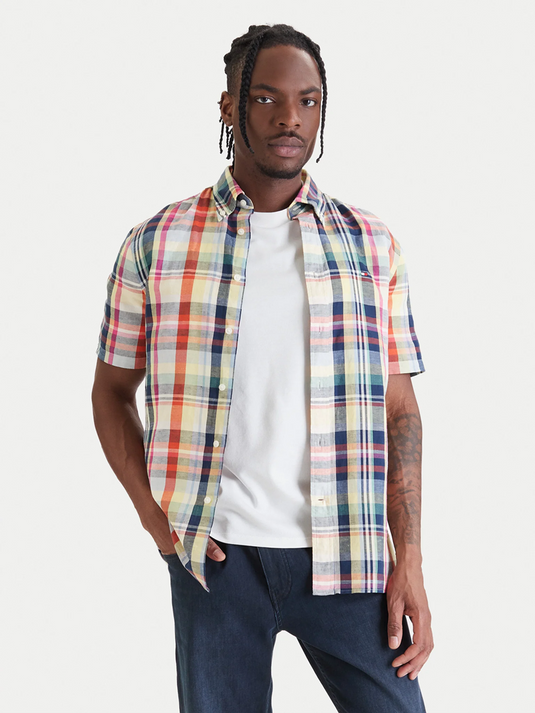 Tommy Hilfiger Mens Linen Plaid Short Sleeve Shirt - Brilliant Orange Check