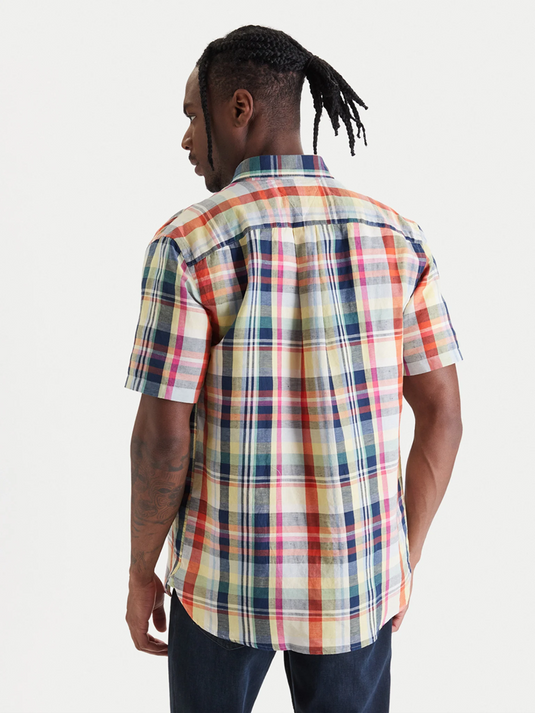 Tommy Hilfiger Mens Linen Plaid Short Sleeve Shirt - Brilliant Orange Check