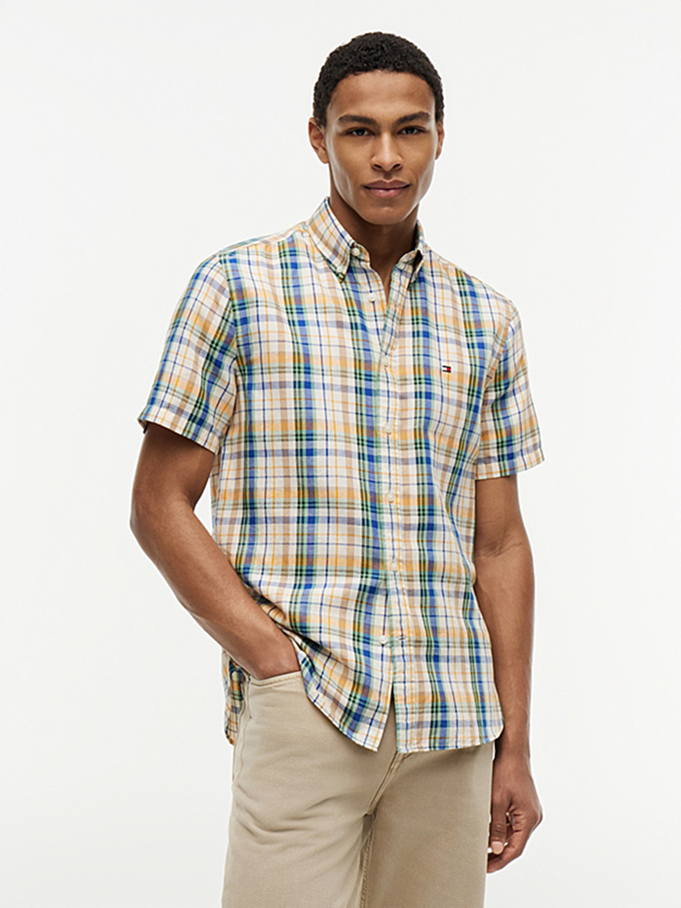 Load image into Gallery viewer, Tommy Hilfiger Mens Classic Fit Check Linen Blend Short Sleeve Shirt
