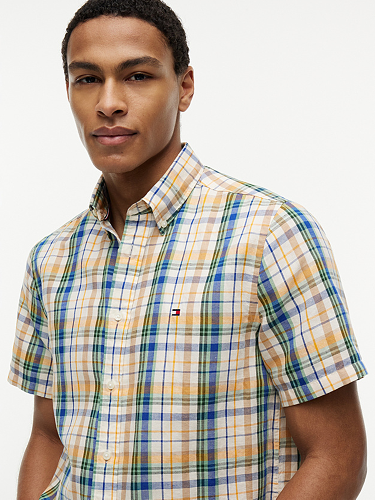 Load image into Gallery viewer, Tommy Hilfiger Mens Classic Fit Check Linen Blend Short Sleeve Shirt
