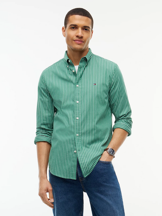 Tommy Hilfiger Mens Hairline Poplin Shirt - Alaskan Green Stripe