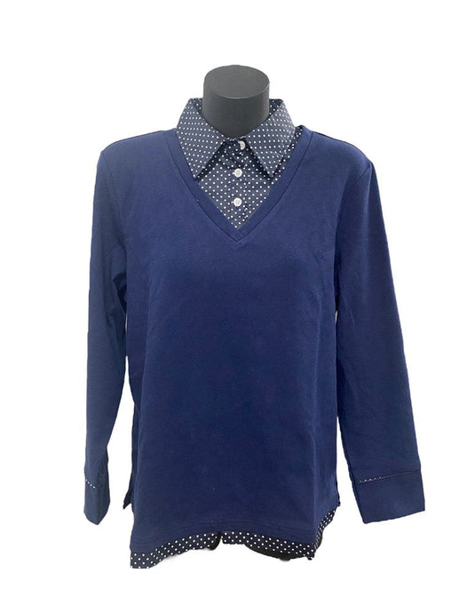 Murals Womens Collard Fleece V-Neck Jumper - Navy Polka Dot