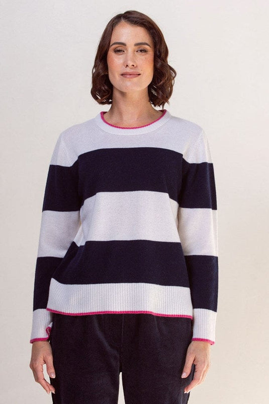 See Saw Womens 100% Merino Wool (Cashfeel) Wide Stripe Sweater - Navy/White