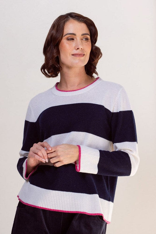 See Saw Womens 100% Merino Wool (Cashfeel) Wide Stripe Sweater - Navy/White