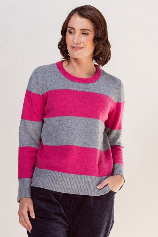 See Saw Womens 100% Merino Wool (Cashfeel) Wide Stripe Sweater - Pink/Grey