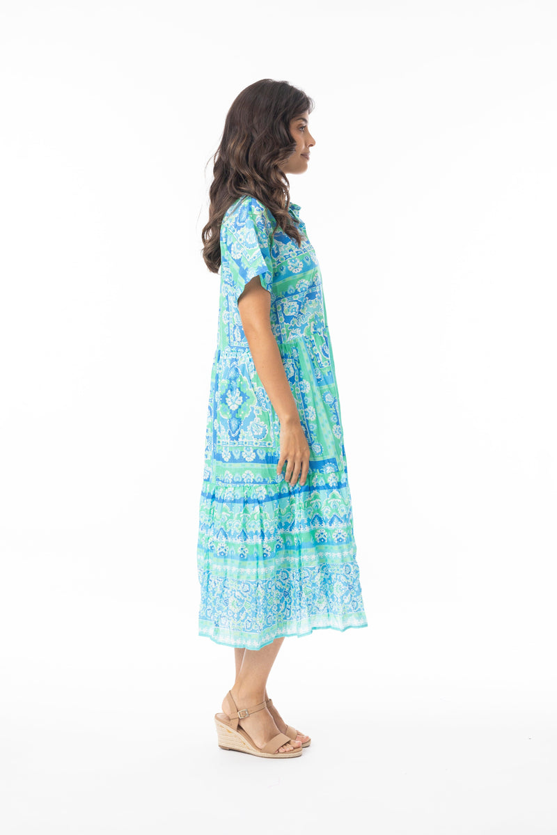 Load image into Gallery viewer, Orientique Womens Montevideo Aqua Dress Collar Layers Short Sleeve
