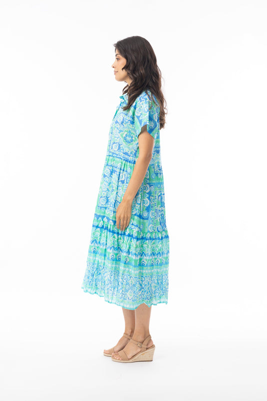 Orientique Womens Montevideo Aqua Dress Collar Layers Short Sleeve