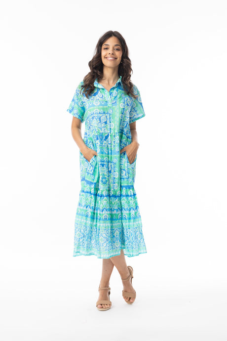 Orientique Womens Montevideo Aqua Dress Collar Layers Short Sleeve
