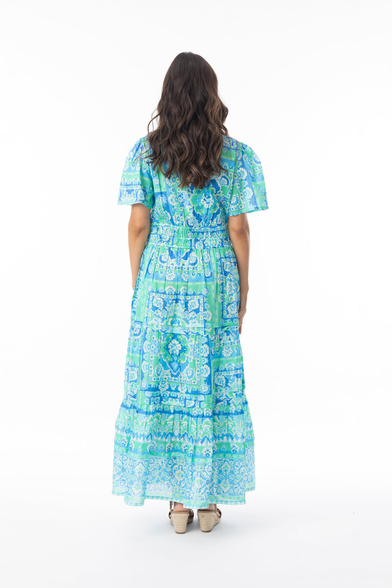 Load image into Gallery viewer, Orientique Womens Montevideo Aqua Dress Midi Short Sleeve
