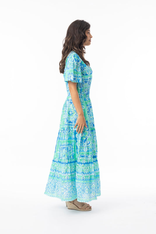 Orientique Womens Montevideo Aqua Dress Midi Short Sleeve