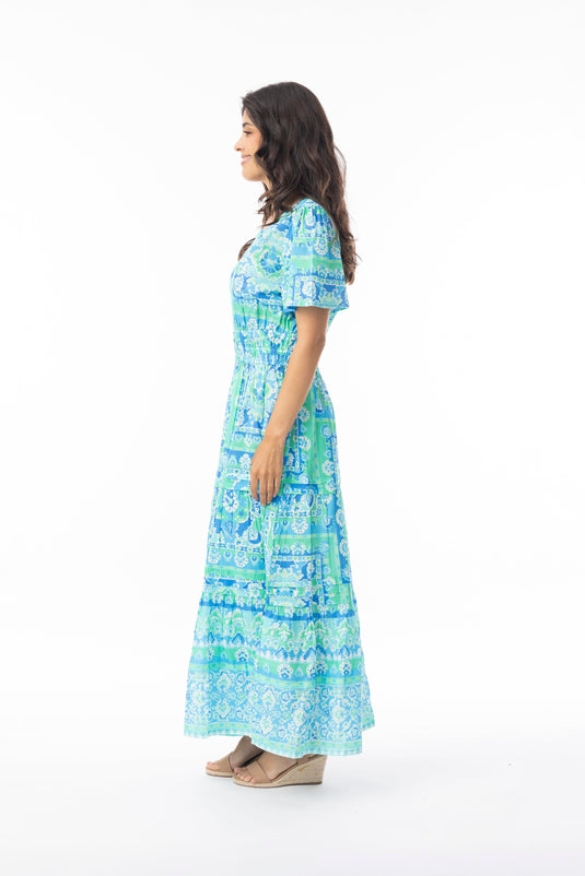 Orientique Womens Montevideo Aqua Dress Midi Short Sleeve