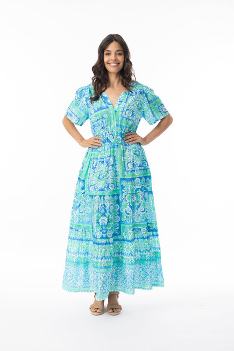Orientique Womens Montevideo Aqua Dress Midi Short Sleeve