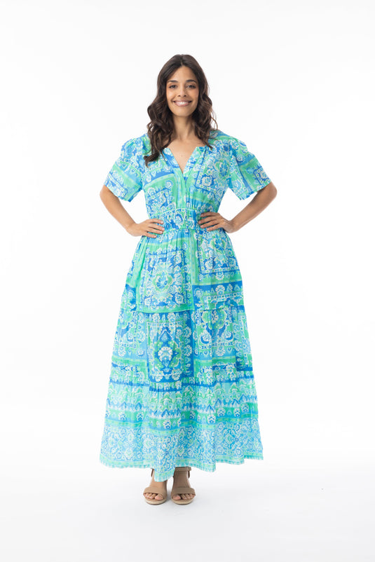 Orientique Womens Montevideo Aqua Dress Midi Short Sleeve