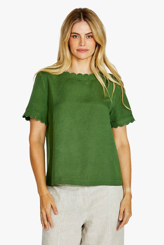 Pingpong Womens Monica Scallop Neck Short Sleeve Top - Agave