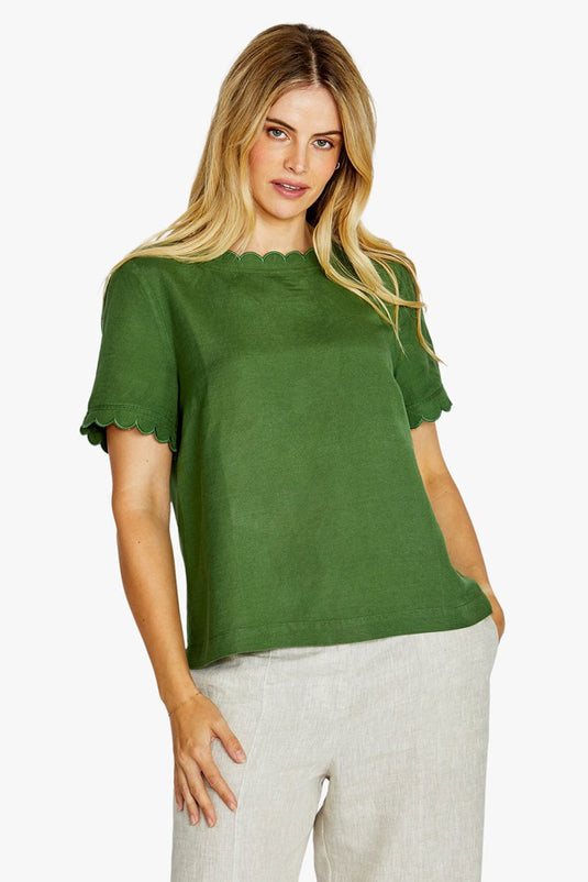 Pingpong Womens Monica Scallop Neck Short Sleeve Top - Agave