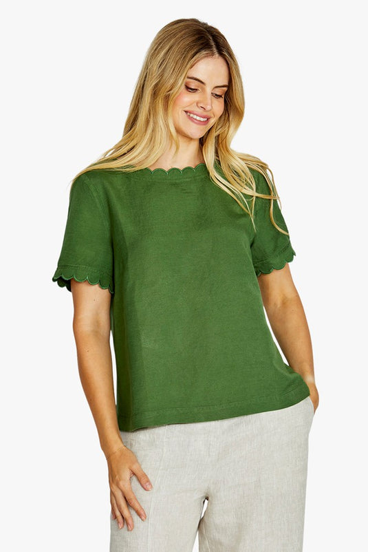 Pingpong Womens Monica Scallop Neck Short Sleeve Top - Agave
