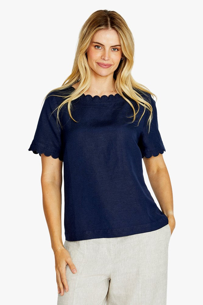 Load image into Gallery viewer, Pingpong Womens Monica Scallop Neck Short Sleeve Top - Navy
